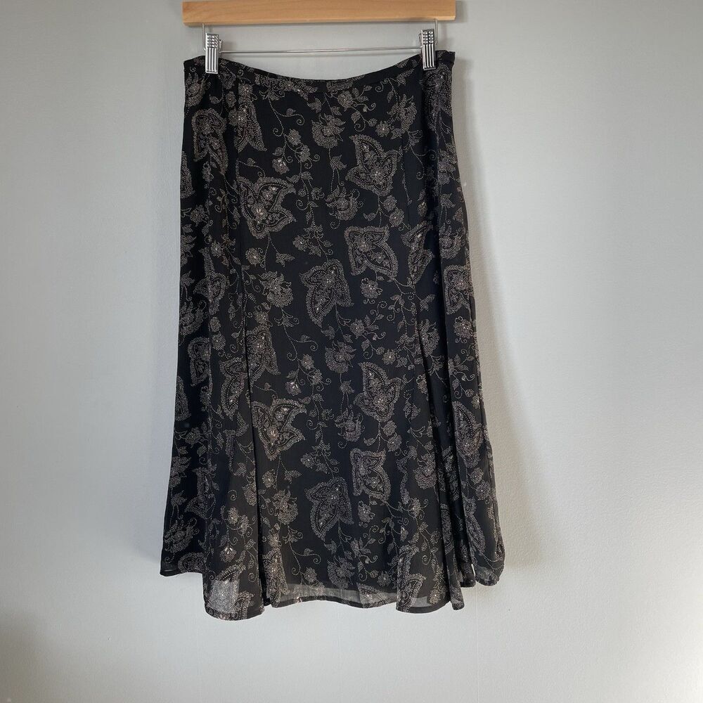 Evan-Picone Vintage Cottagcore Midi Skirt Floral Print Flowy Black Women's 6